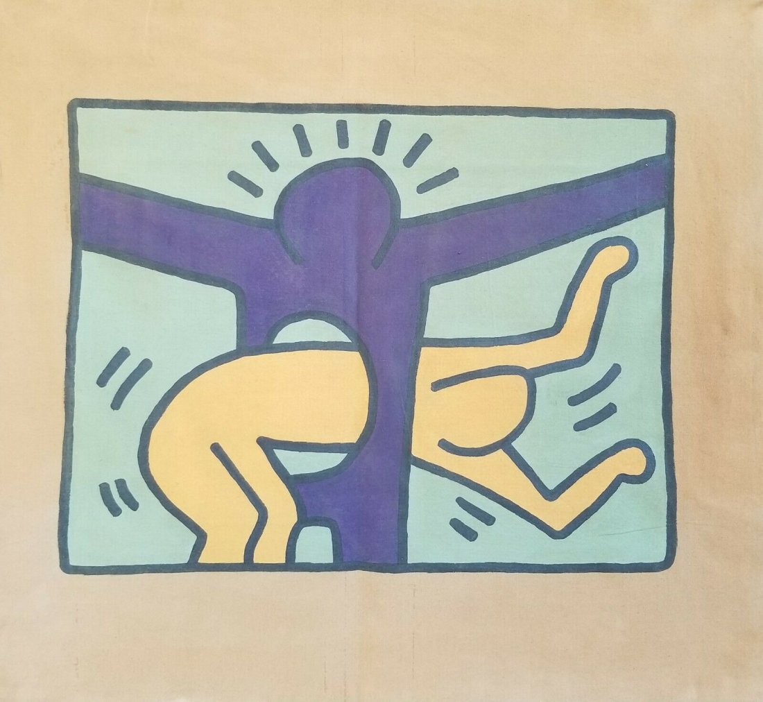 Keith Haring painting in the manner of: Keith Haring painting on canvas unstretched. This painting is being sold in the manner of the artist. The painting does not have a Certificate of Authenticity, providence, or other documents. Sold as-