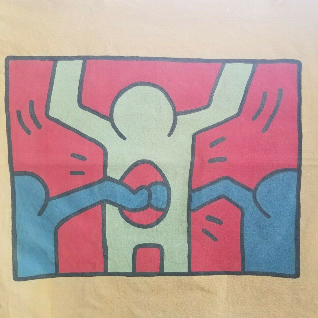 Keith Haring painting in the manner of: Keith Haring painting on canvas unstretched. This painting is being sold in the manner of the artist. The painting does not have a Certificate of Authenticity, providence, or other documents. Sold as-