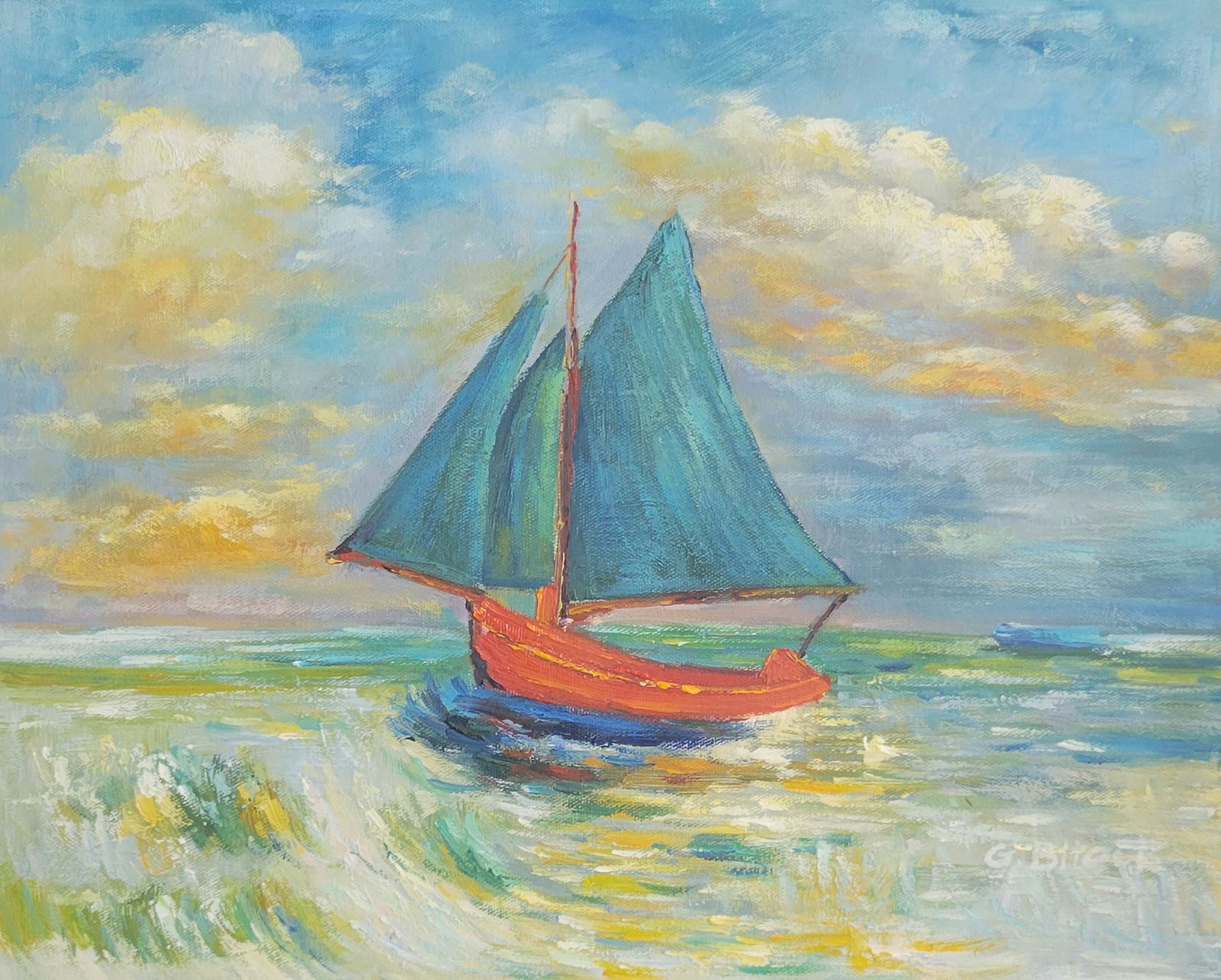 Oil Painting on Canvas in the manner of.: Red Boat with Blue Sails by Odilon Redon. Oil Painting on canvas unstretched. This lot is being sold In the manner of. The lot does not have a Certificate of Authenticity, providence, or other documen