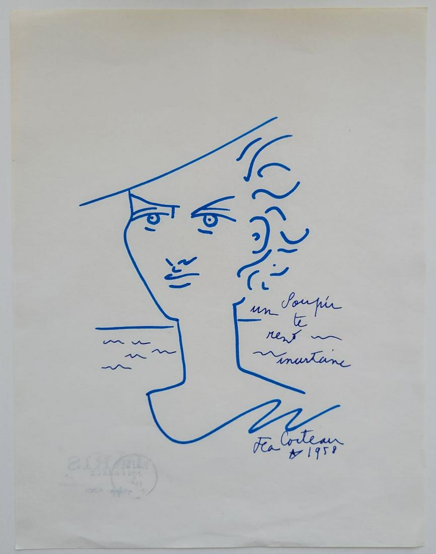 Jean Cocteau Ink on Paper: Jean Cocteau was an enormously influential French artist and writer known as one of the major figures of Dada and Surrealism. With an oeuvre that spanned painting, novels, poetry, plays, and films, Co