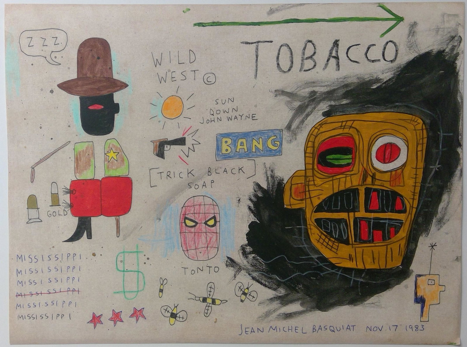 Jean-Michel Basquiat Painting on paper: Jean-Michel Basquiat Painting on Paper. Paper Size: 16 x 12 inches. The painting does not have a Certificate of Authenticity, providence, or other documents. Sold as-is, in the manner of the artist.
