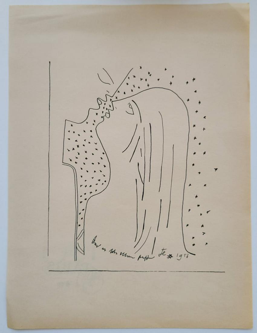Jean Cocteau Ink on Paper: Jean Cocteau was an enormously influential French artist and writer known as one of the major figures of Dada and Surrealism. With an oeuvre that spanned painting, novels, poetry, plays, and films, Co