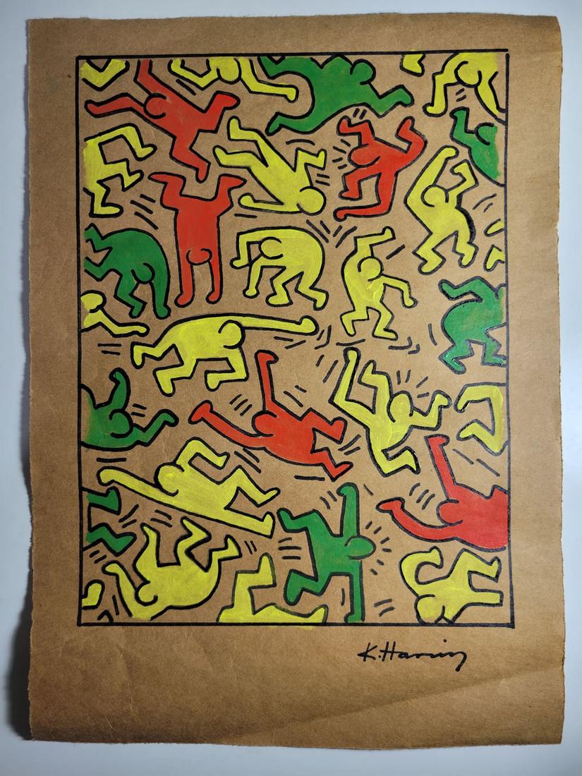 Keith Haring mixed media on paper: Keith Haring mixed media on paper. York Gallery Collection. The painting does not have a Certificate of Authenticity, providence, or other documents. Sold as-is, in the manner of the artist. Approxima
