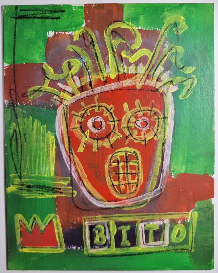 Jean-Michel Basquiat Painting on thick cardboard: Jean-Michel Basquiat Painting on thick cardboard. Size: 8 x 10 inches. The painting does not have a Certificate of Authenticity, providence, or other documents. Sold as-is, in the manner of the artist