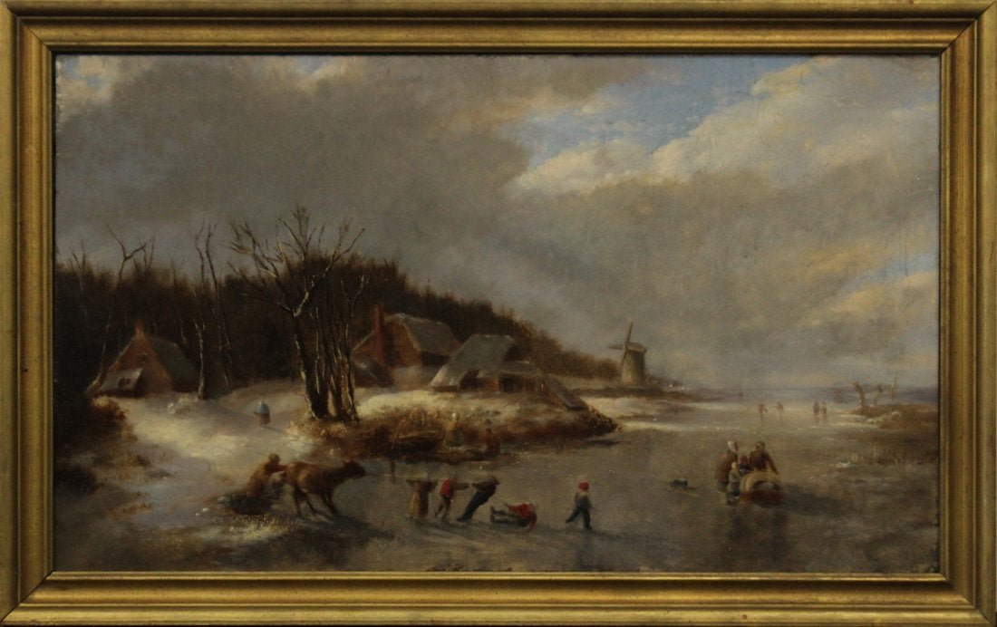 ANTON DOLL or School of - 19Th C. Dutch Oil on Canvas: Restored and Relined Sight 20X34" Framed 23.5 X 37.5" Anton Doll is known for painting skating scenes exactly like this one.