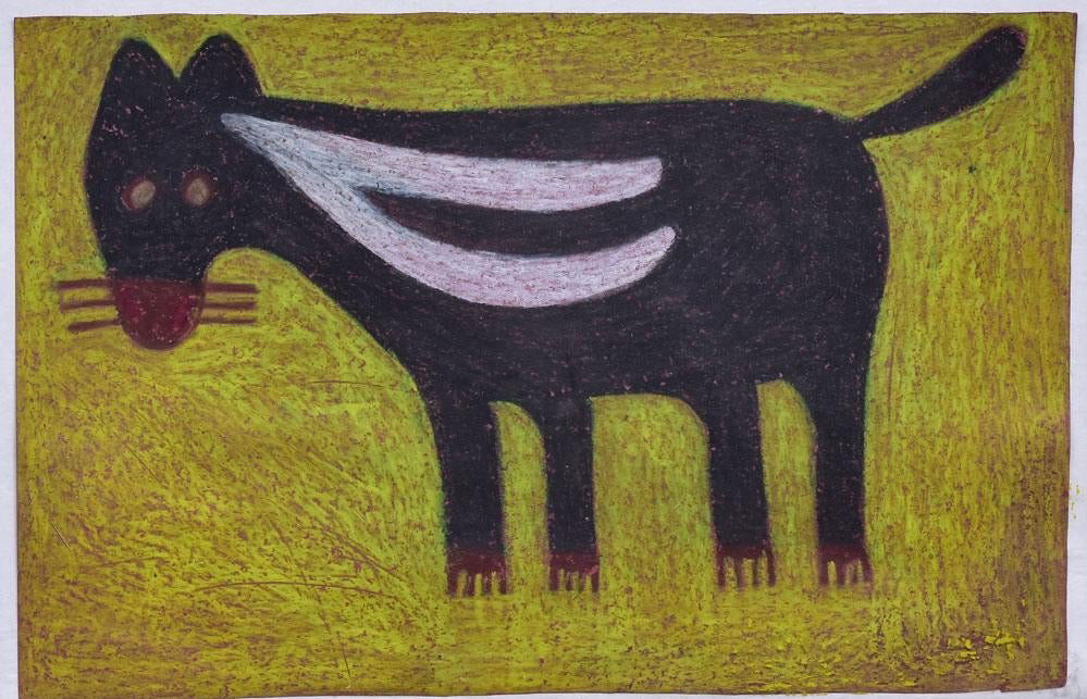 EDDIE ARNING LISTED ARTIST Crayon on paper 12 X 18": Signed on Verso - Black and White Cat