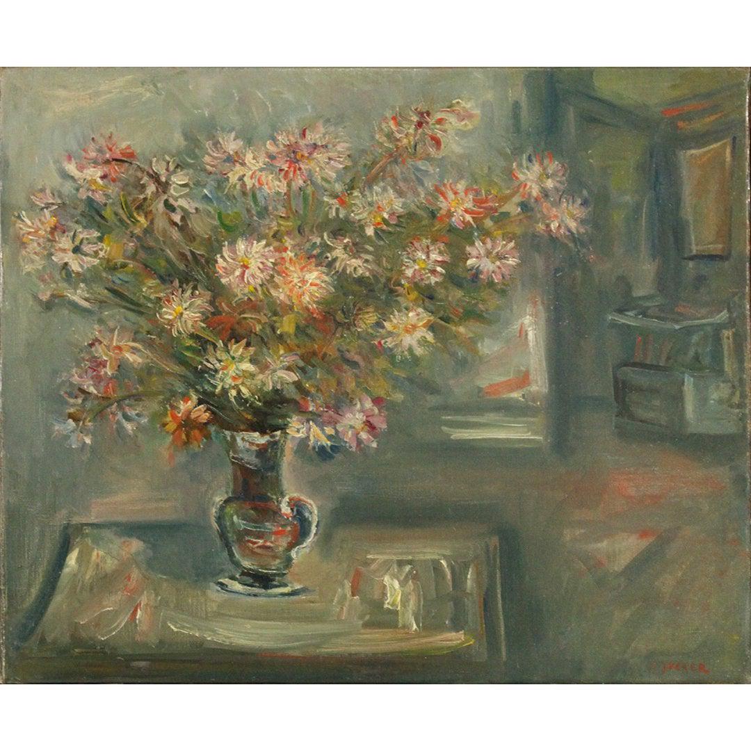 Jacques Zucker, Polish American Artist - Still Life: Original on Canvas - Provenance Estate of Jacques Zucker - Bouquet of flowers in vase on a table. Canvas size 21.5 X 25.5"