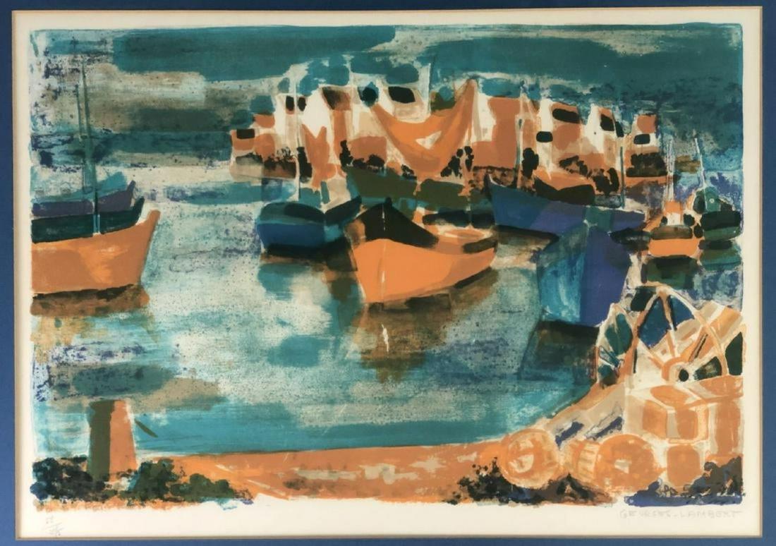 GEORGES LAMBERT - Harbor Scene Print: Signed lower right. Marked 57/275 - Framed, Matted and Glazed. Sight 16 X 22"