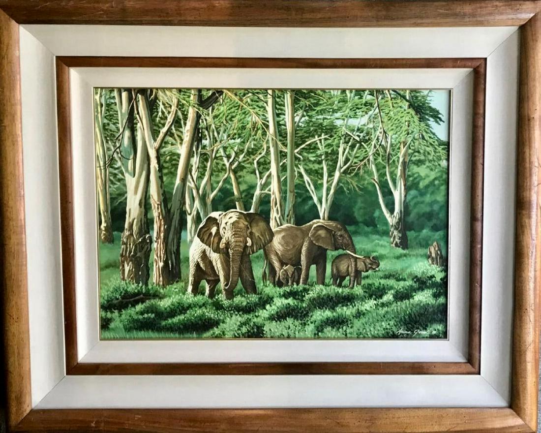Anna Good watercolor - African Elephants: Large watercolor piece framed under glass, Sight 19 X 24.5". Framed 30.5 X 38"