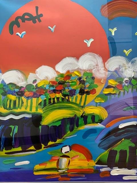 PETER MAX Mixed Media - "Sunny Day": Original acrylic on paper work by pop artist Peter Max. Signed upper right. Reference number on reverse with additional artist signature and accompanying COA from Park West Galleries of Michigan. Appr