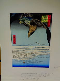 Hiroshige wood block print: "One hundred views of Edo" antique wood block print 7.75x10.5