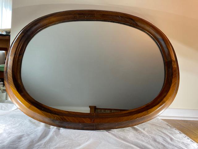 Vintage-antique hand carved oval mirror: Hand carved dark wood antique mirror--great condition, oval--heavy set ornate 42x32