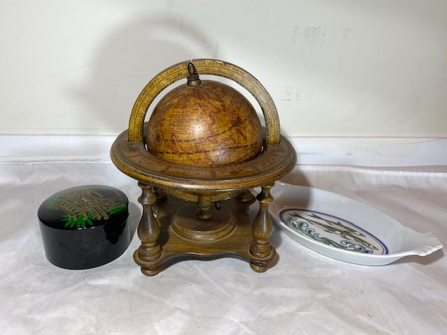Assortment lot: Singapore coasters, Italian globe--vintage, fish dish from France (lot of 3)