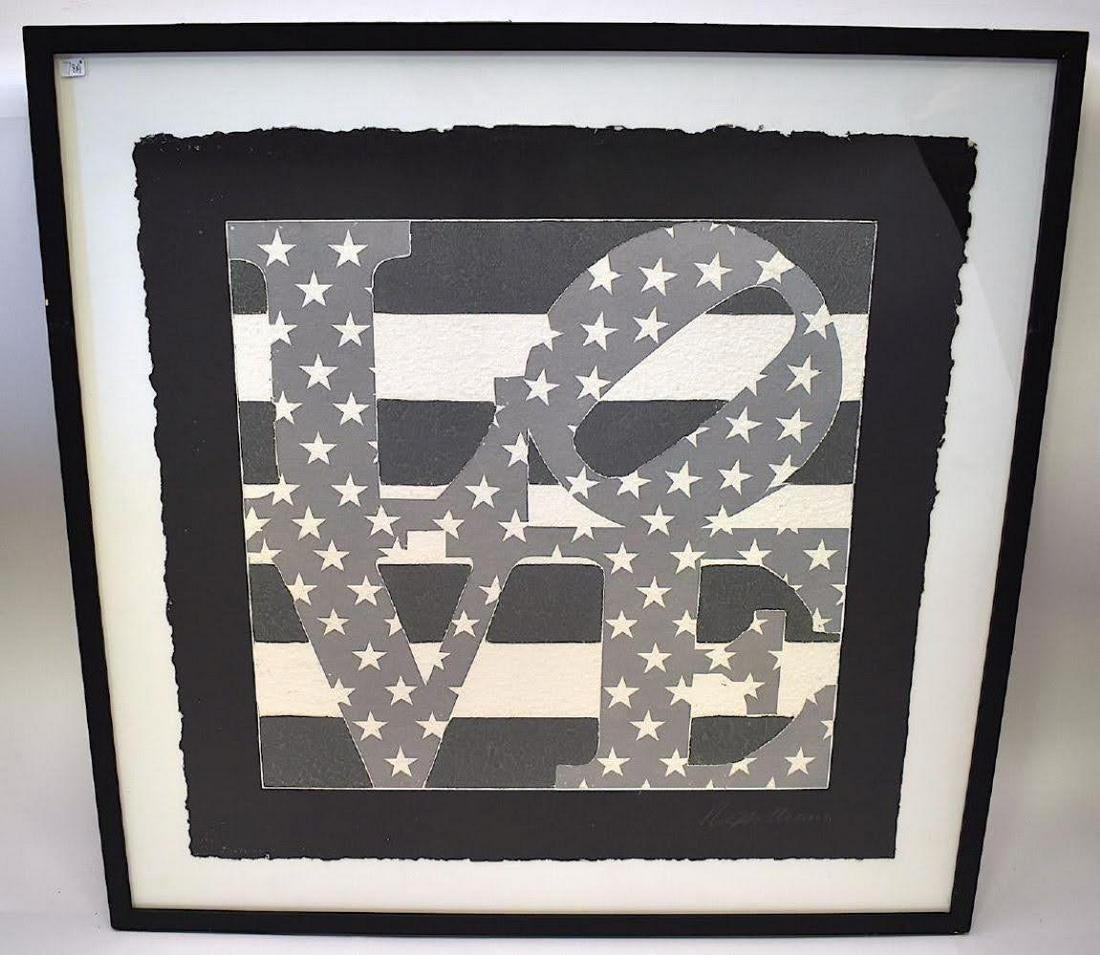 ROBERT INDIANA "LOVE" Paper Collage: Collage on paper signed Lower Right Robert Indiana. Gallery Matted and Framed. Doyle Galleries Label on verso. Framed 31 X 31"