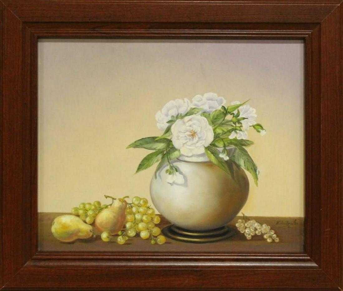 Kristina Nemethy, Listed, Fruit Floral Life: Vibrant Still life by listed artist- oil on canvas 19X22.5"