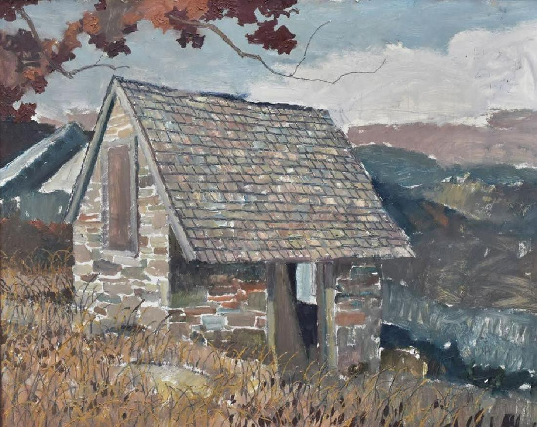 Eric Sloane orignal Oil on Board - Well listed Artist: 1968 verso titled "Rough Sketch" Realism painted sketch of a Stone Barn 24 X 30"