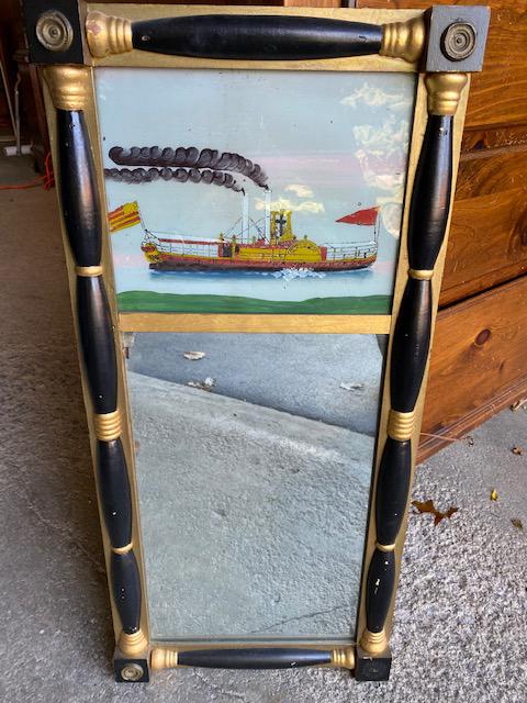 Antique mural painting-reverse glass: Antique mural mirror reverse glass steam boat 13.5 wide x 29 tall x 1.5 inch deep