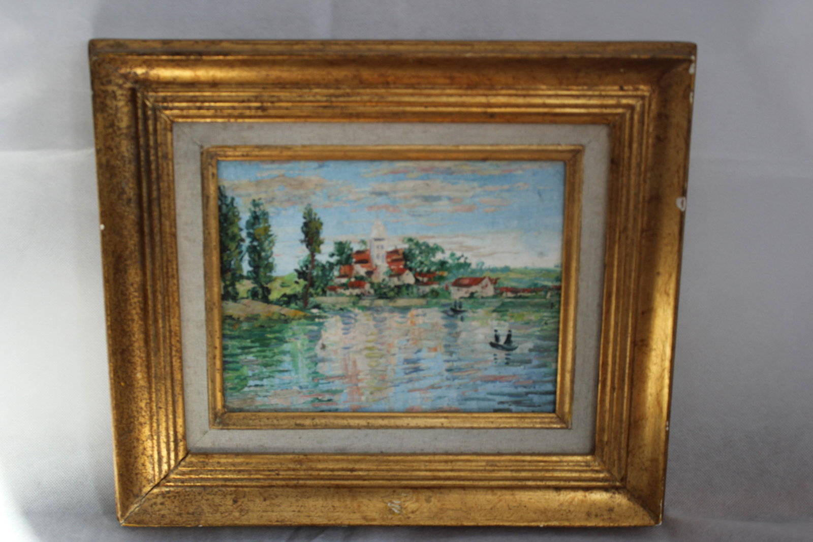 Vintage oil on canvas original: Original style of Monet church water scene canvas: 11.5x9.5" framed 15x13