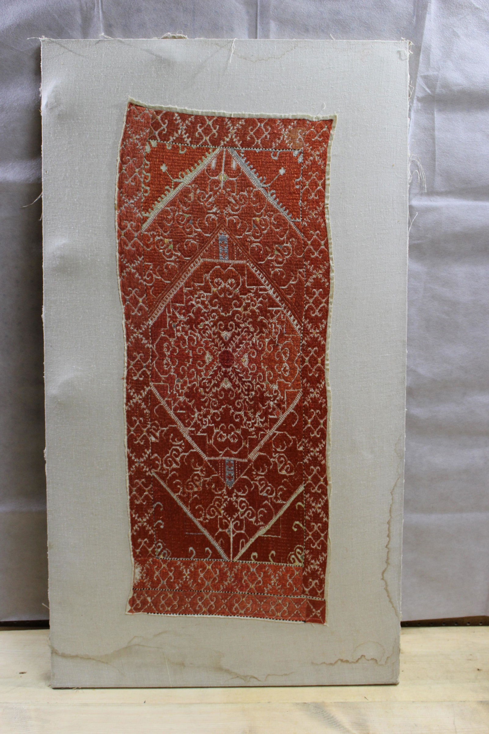 Middle Eastern Antique Embroidered fabric Art: 43.5" X 24" Total Size. Sight 34" X 14"