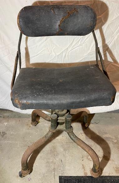 Antique Swivel chair: Industrial antique swivel chair with horsehair padding (Maybe Dr.'s chair?) ("Do More for your health" 19" wide x 30.75" tall x 13.5" deep
