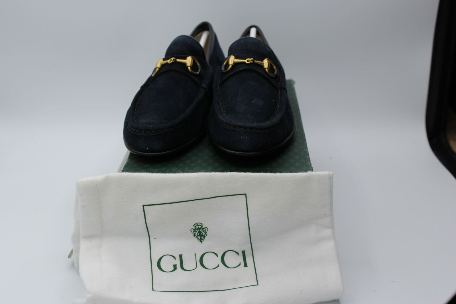 Gucci Women's Moccasino: Blue suede with, leather interior, gold strap. Size 5.5.