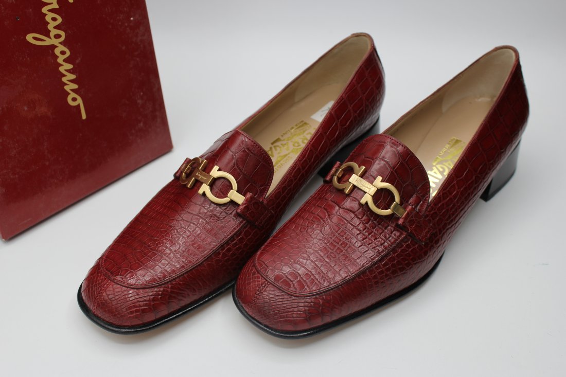 Salvatore Ferragamo Geranio Alligator Calf: geranio alligator geranio calf- red alligator leather heels with gold buckle- size 8.5 B- made in italy