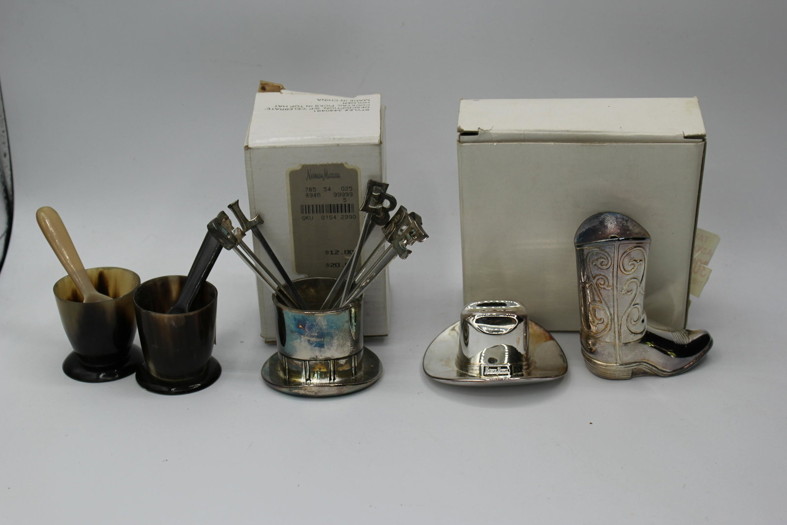 Lot of Vintage Neimann Marcus & Armani Bar Accessories: Neimann Marcus - Celebrate picks in top hat with cowboy hat and boot salt and pepper shaker. Emporio Armani salt and pepper serving cups.