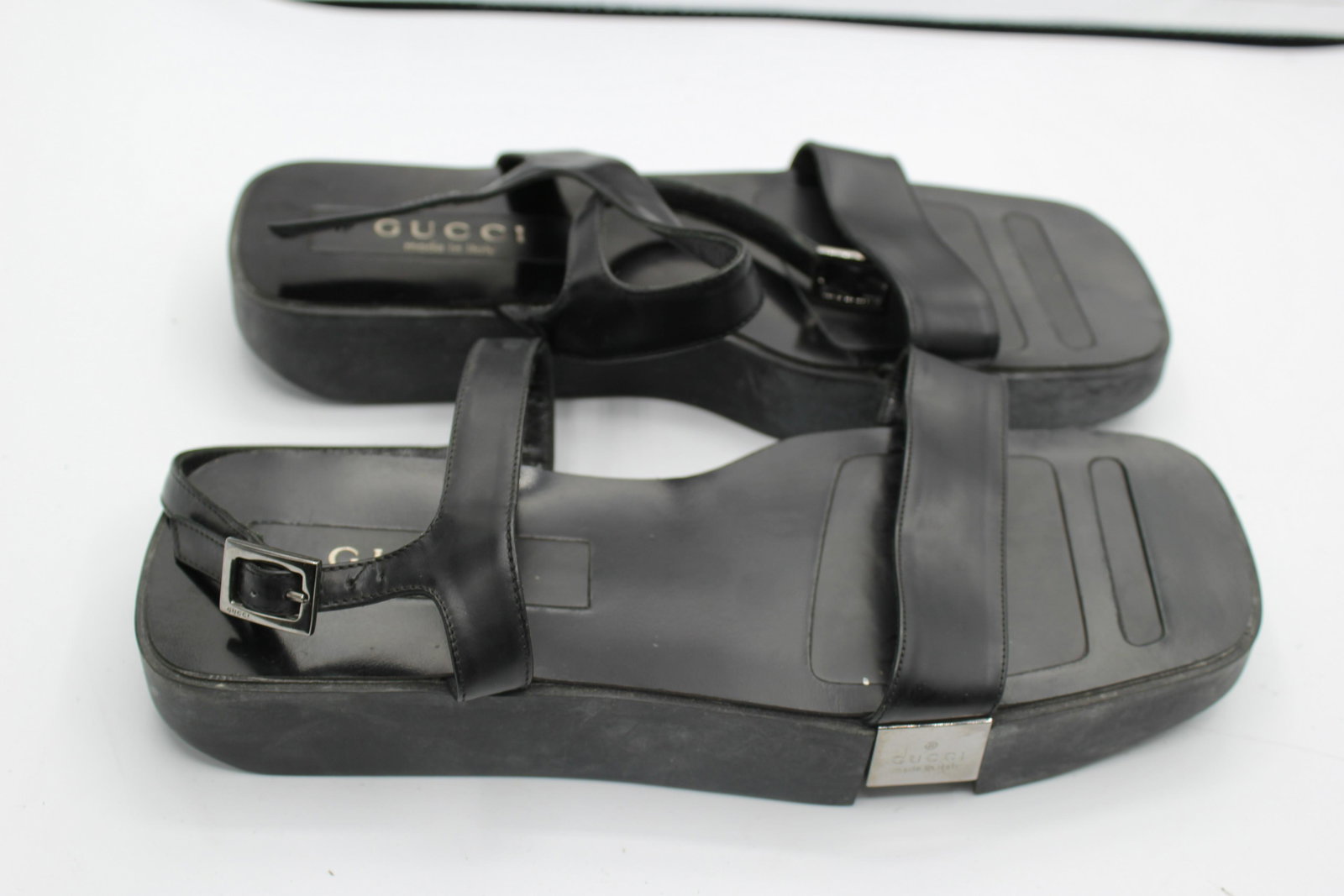 Vintage GUCCI Sandals: Gucci sandals - leather straps, rubber soles, silver accents. Retail $350.