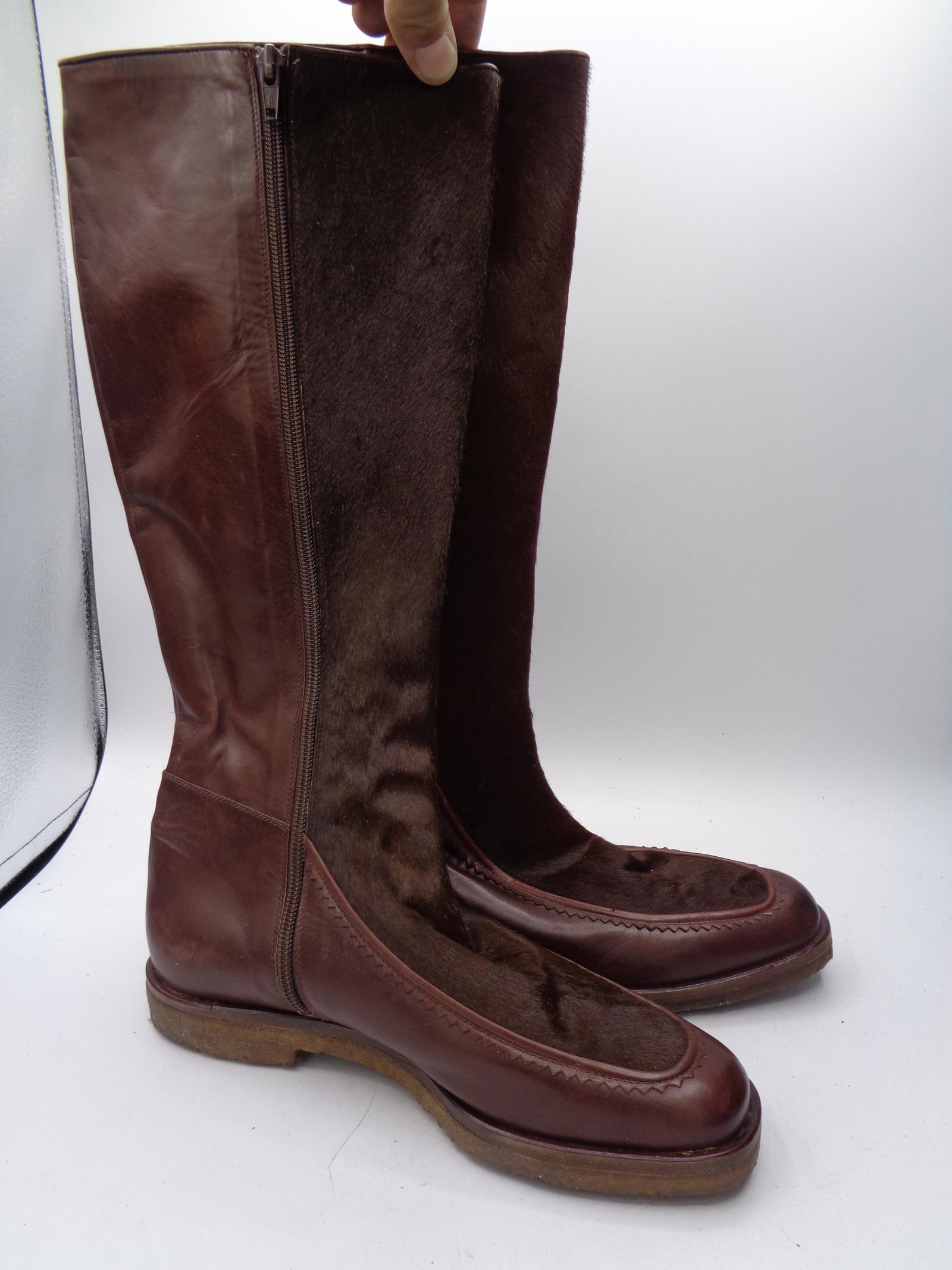 Vintage Tony Mora Brown Horse Hair Boots: Beautiful, side zipper, soft leather interior. Size 8.5. One sole needs repair.