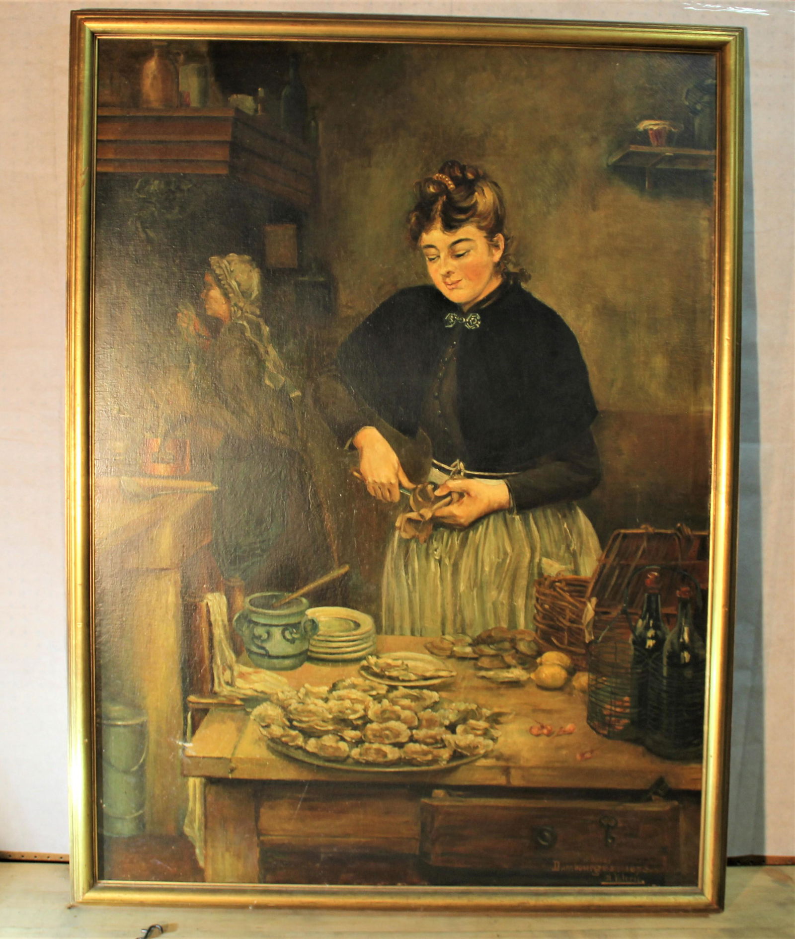 1873 - Edouard-Jean Dambourgez Oil Painting On Canvas: Edouard-Jean Dambourgez (1844-1890) a French 19th Century painter who was born in 1844. Woman Shucking Oysters. Very detailed and a marvelous piece. Large - H. Valerie Sight 59 X 43" Framed 63 X 47".
