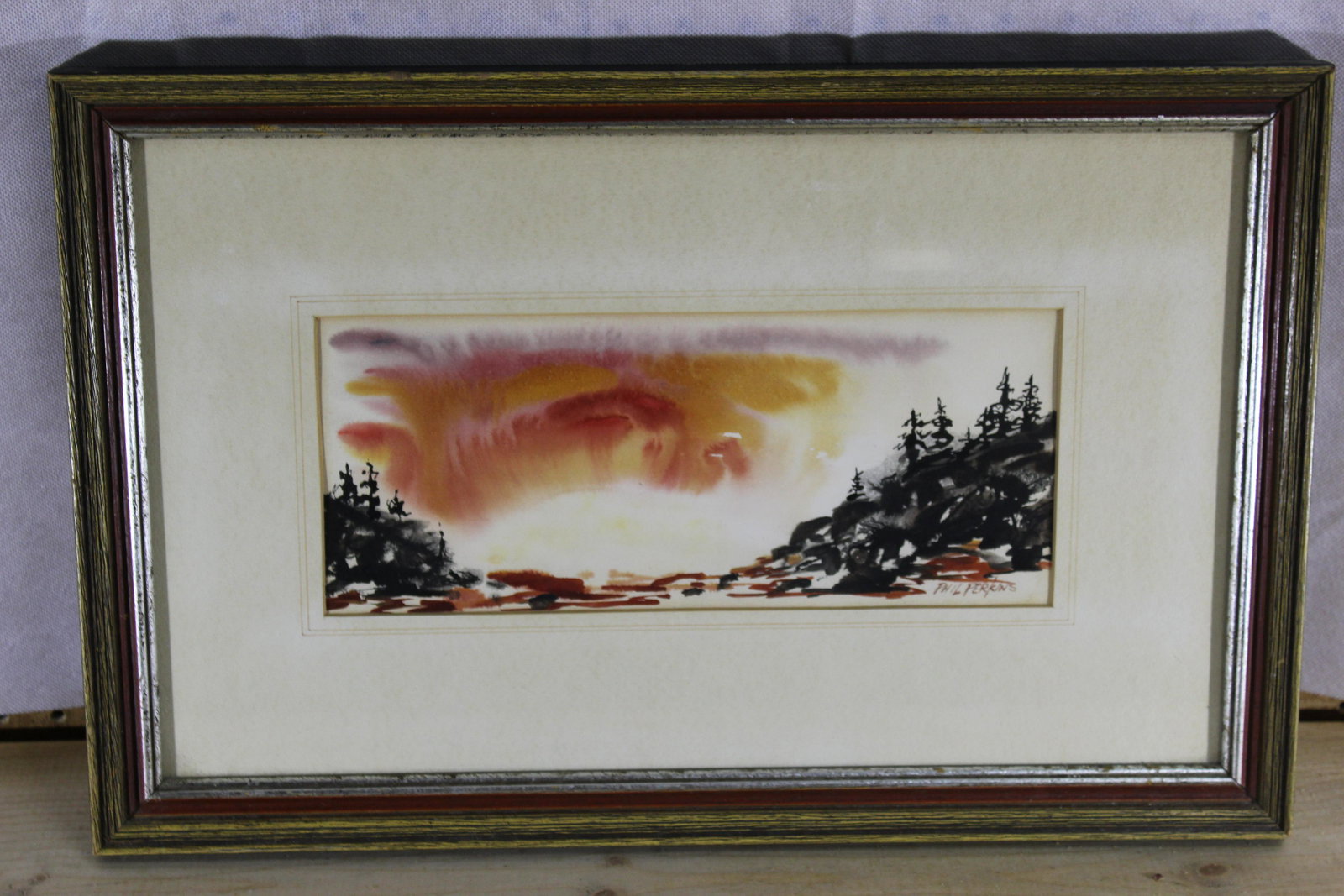 Phillip Perkins (1907-1970) Signed Ink was/watercolor: Site - 12x5 frame - matted & framed behind glass 19.74x12.75