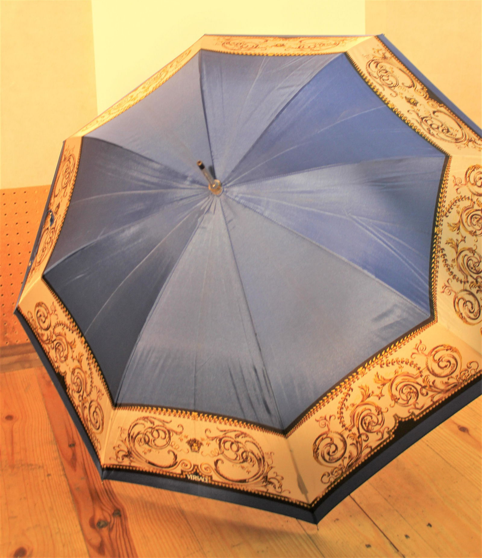 Vintage Gianni Versace Long Umbrella: Purple with blue design.