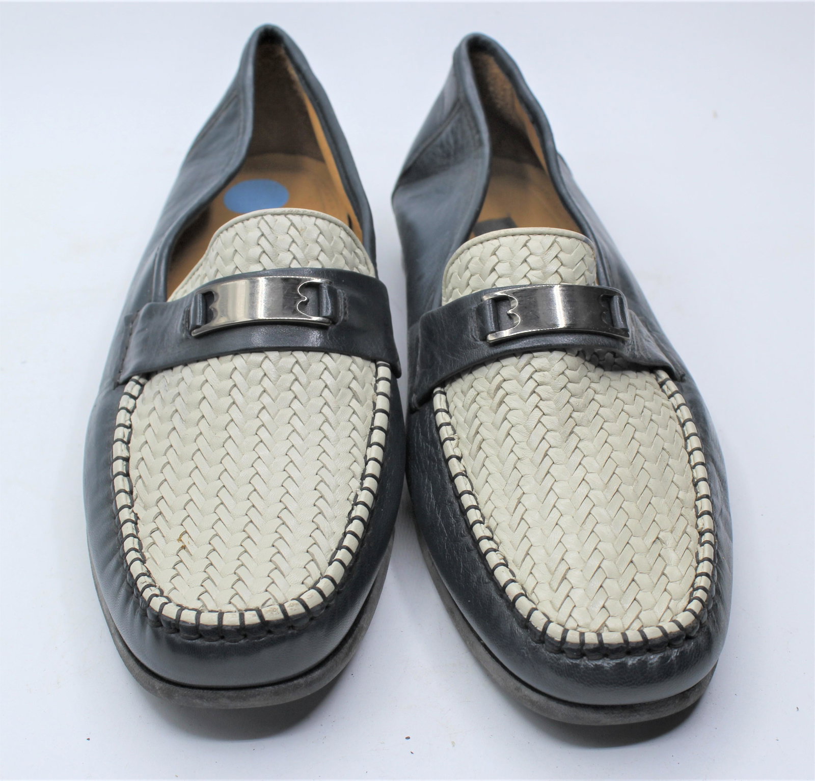Bally Men's Loafers: Blue and white with silver accents. Size 10.5.