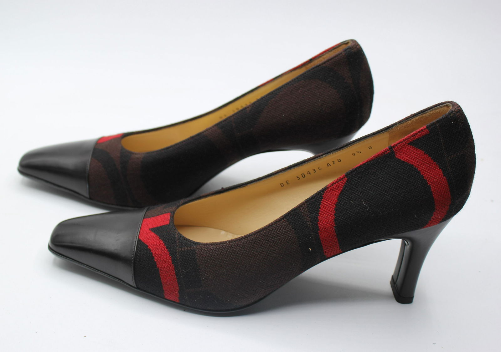 Salvatore Ferragamo Women's Pumps: Brown with black and red accents, size 9.