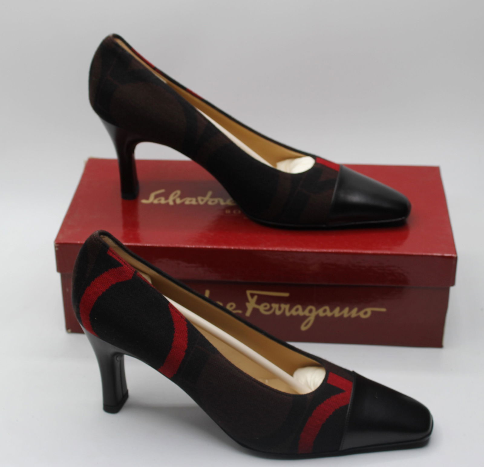 Salvatore Ferragamo Women's Pumps: Brown with black and red accents, size 9.5B.