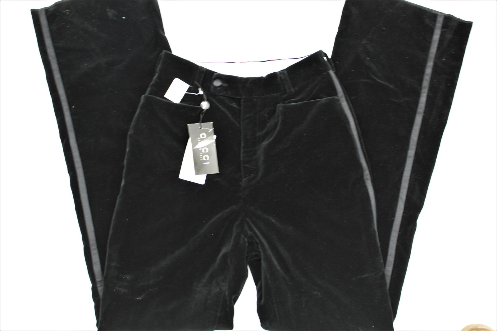 Gucci Black Velvet Pants: Straight leg with pin stripe down sides. Original price $550.