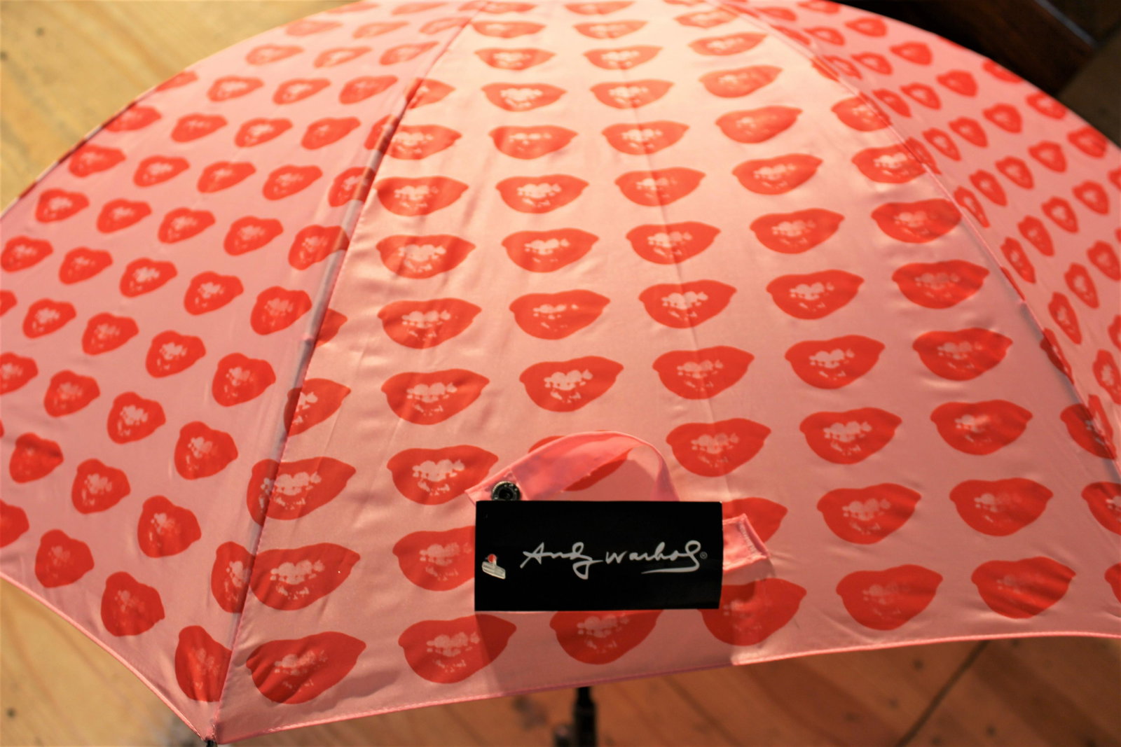 Andy Warhol Umbrella: Adorable pink with red lips. Andy Warhol signature on handle.