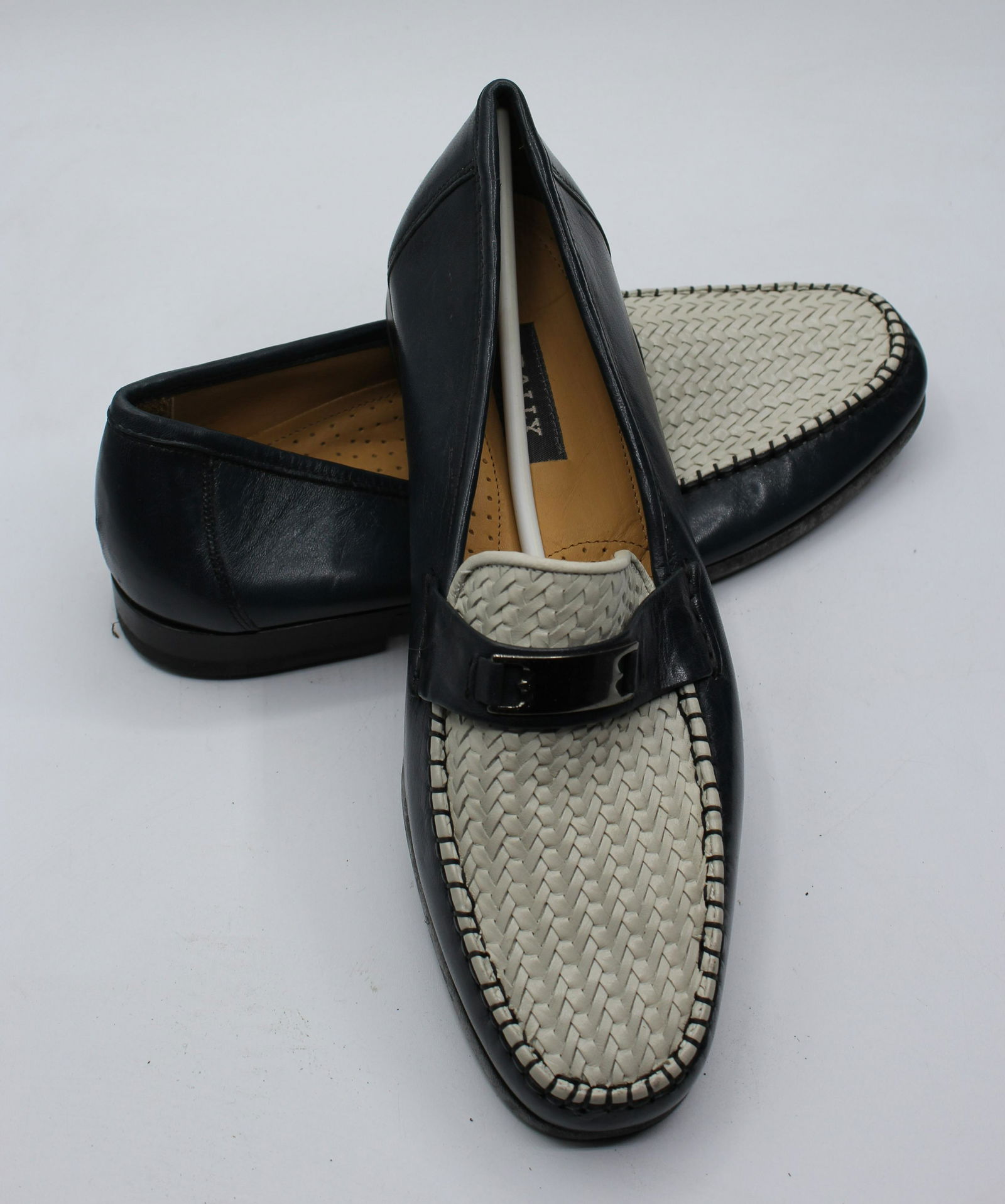 Bally Men's Loafers: Size 9.5, Navy/Beige with silver accents. Made in Italy.