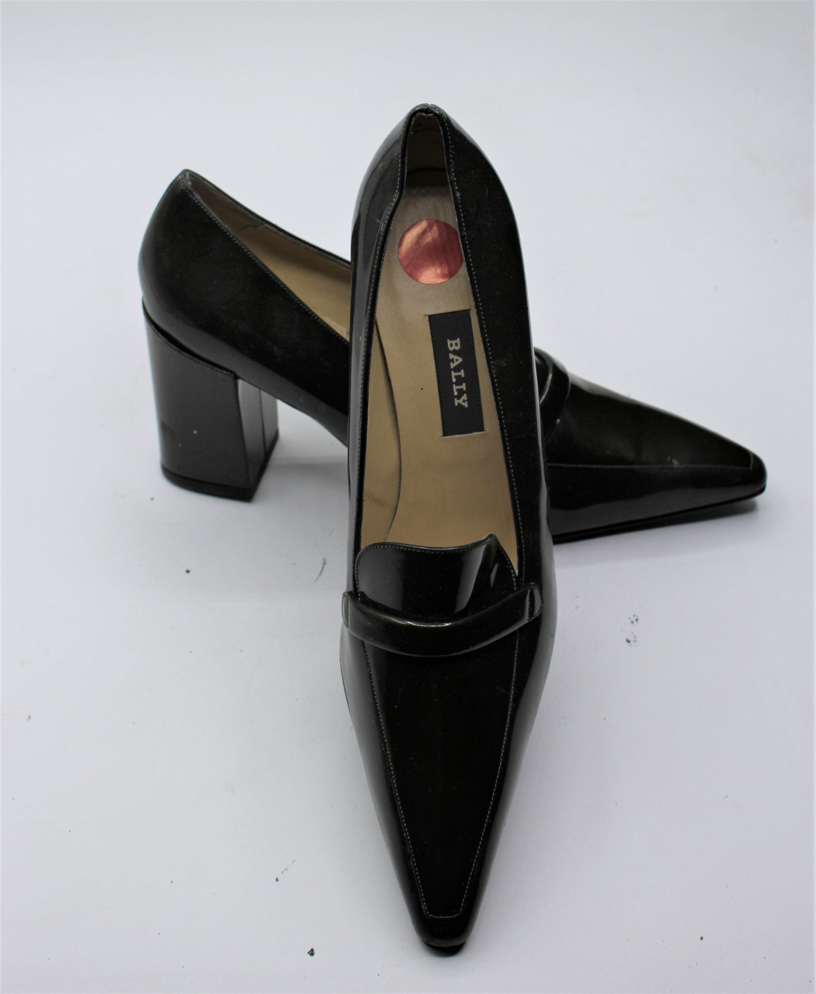 Bally Black Heels: Beautiful patenrt leather shoe, pointed toe with large heel. Women's size 10.