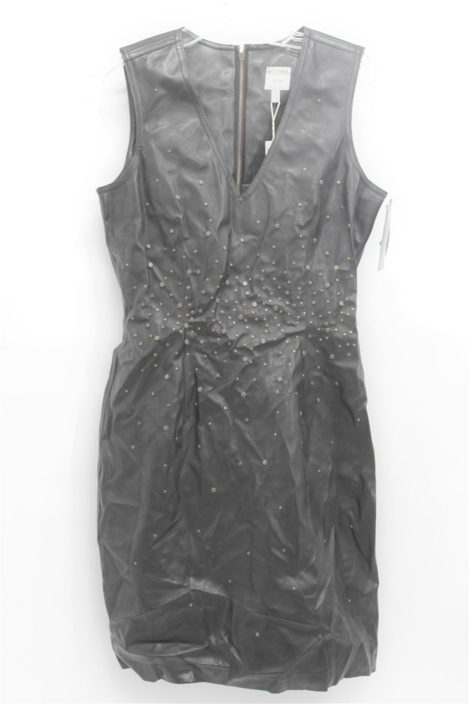 Moschino leather Dress: Black leather with gold studs, size 10.