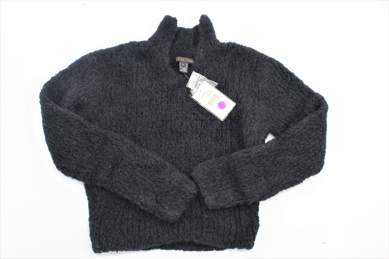 Ralph Lauren Collared Crop Sweater: Black blended crop sweater made with Angora. V neck with stand up collar. Size Lg. Extra string inluded for repair. Orginal Price $350.