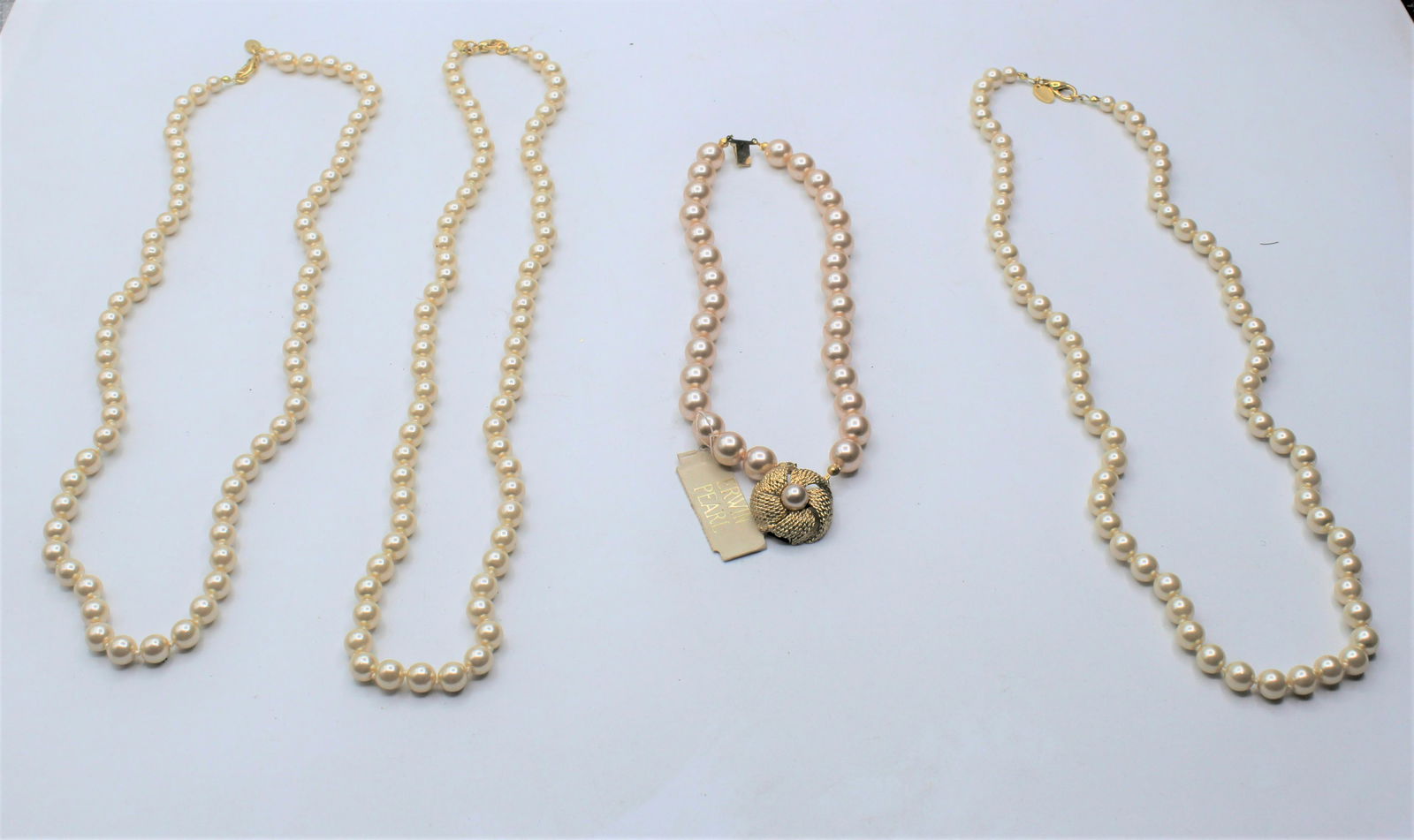Lot of 4 Erwin Pearl, Pearl Tone Necklaces: Erwin Pearl established in 1952.