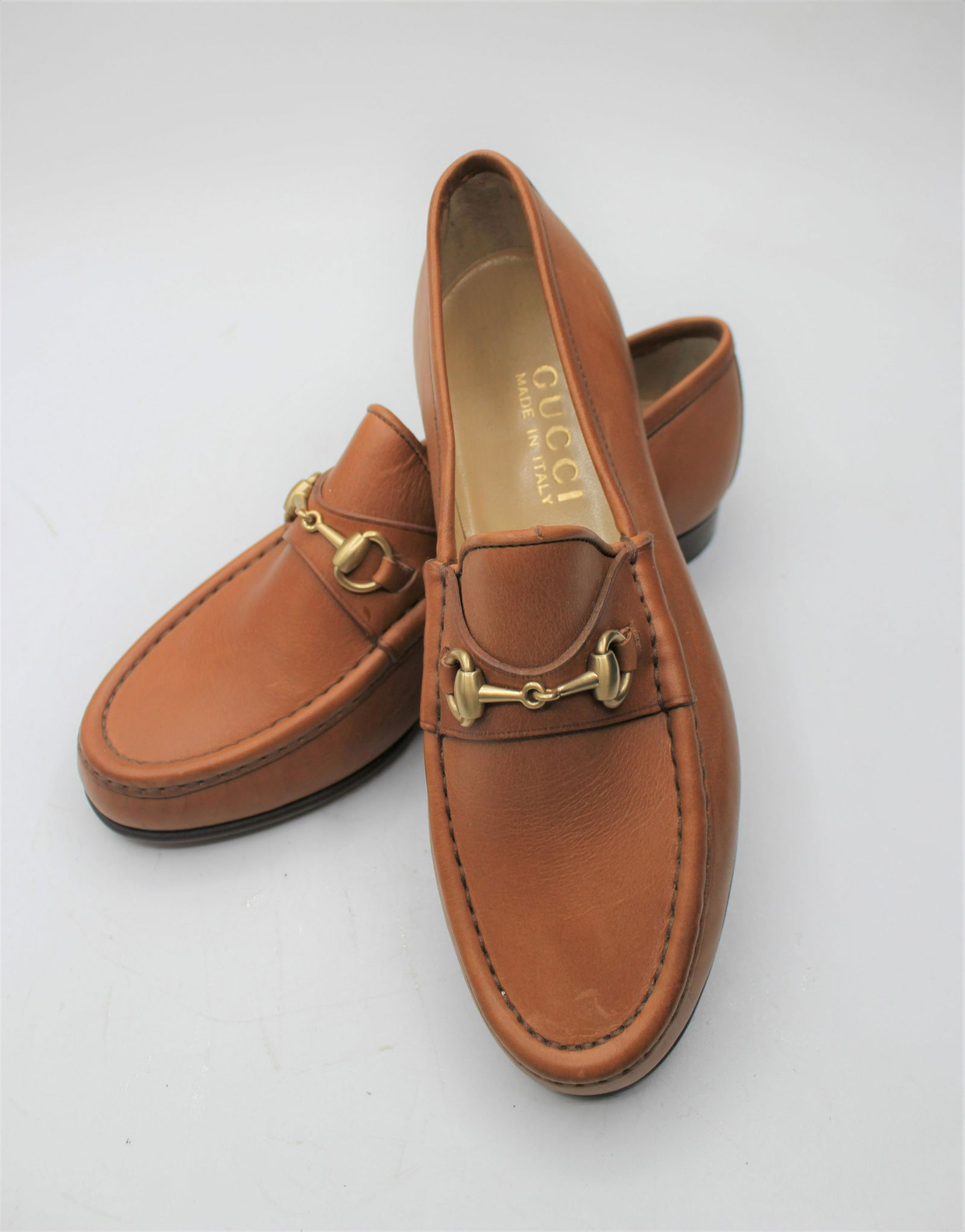 Gucci Women's Leather Loafers: Gold accents, wooden soles, size 4.5B.