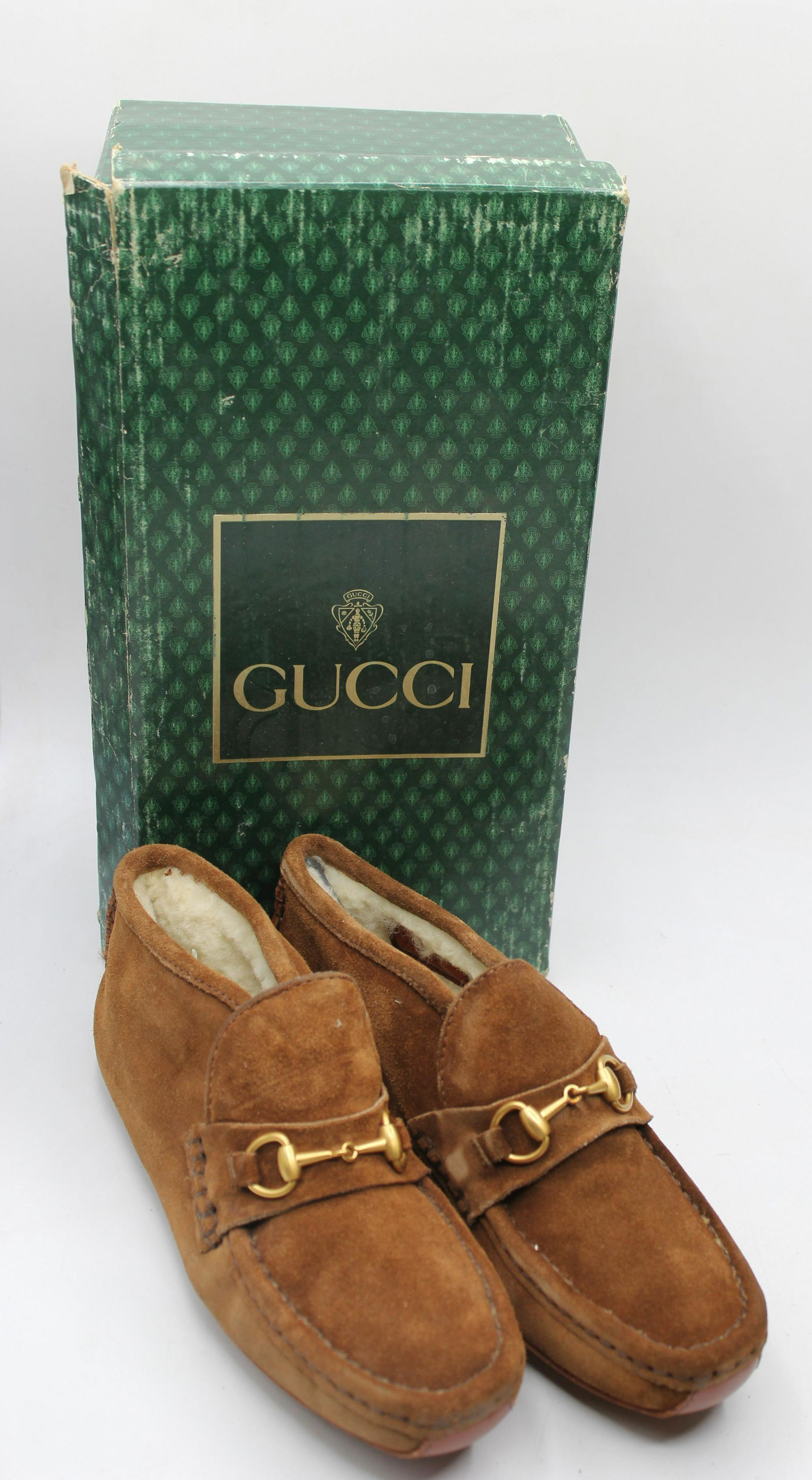 Gucci Tan Suede Children's Booties: Stylish, suede childrens booties with gold accents! Warm and cozy inner lining. Leather soles. Size 3M.