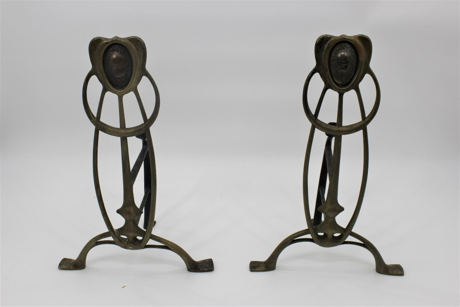 Art Deco Brass Andirons: Marked William Tonks & Sons. 15.5x10x6.5.