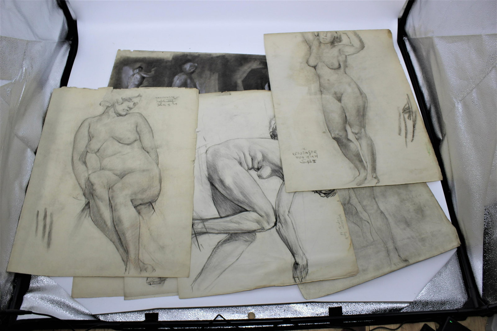 Portfolio of 8 1930's Charcoal Sketches - Nathan Kredenser: 3 are double sided, mostly nude. All sketches done between 1933-1934. Nathan Kredenser (1913-1990).