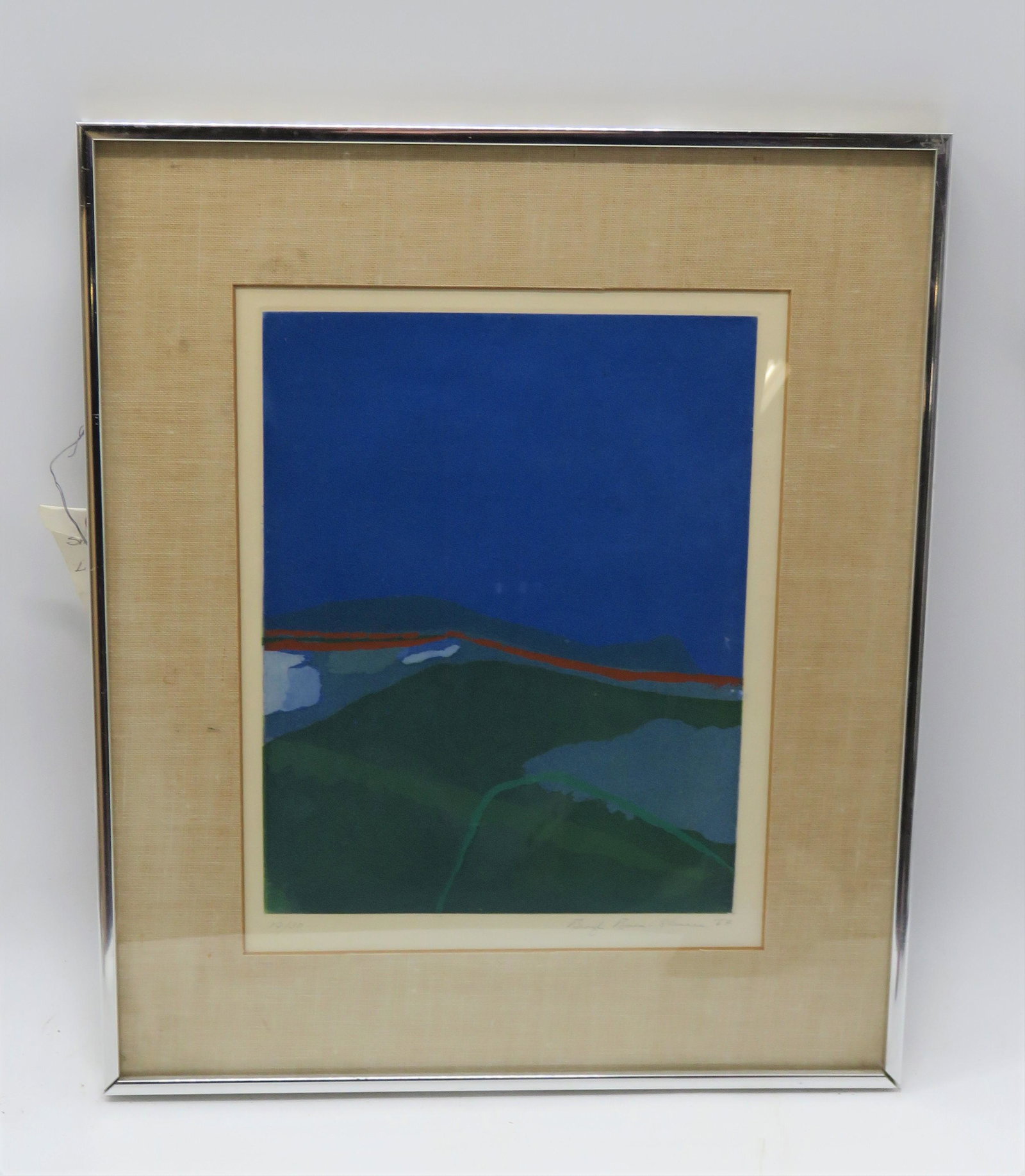 Vintage Sharar Beryl Barr Colored Etching: Sharar Beryl Barr colored etching. Site 11.5x9, 16x18.5."
