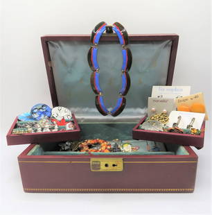 Vintage Jewelry Box With Contents: Bulk lot of costume jewelry and pins inside of a vintage jewelry box. Assorted lot includes mixed metals, shells, leather and enamel. A wonderful treasure box! No key available for box.