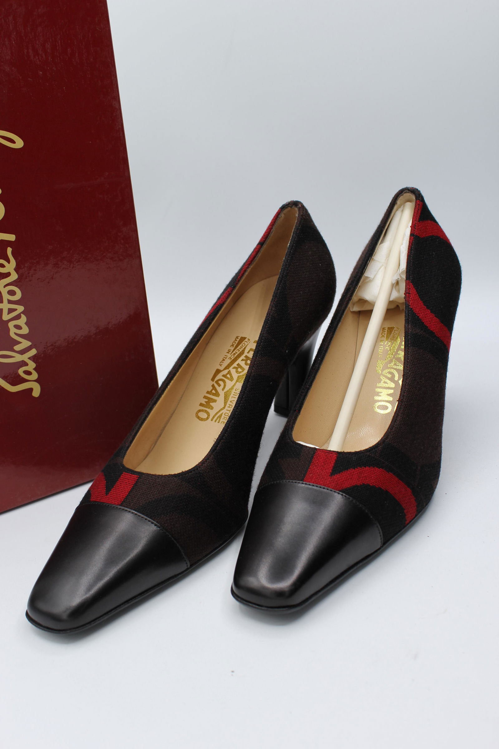 Salvatore Ferragamo Nero/Espre Wool Calf: Nero/espre wool nero calf- brown wool with red and black patterns-black leather heel and toe-size 8.5B.