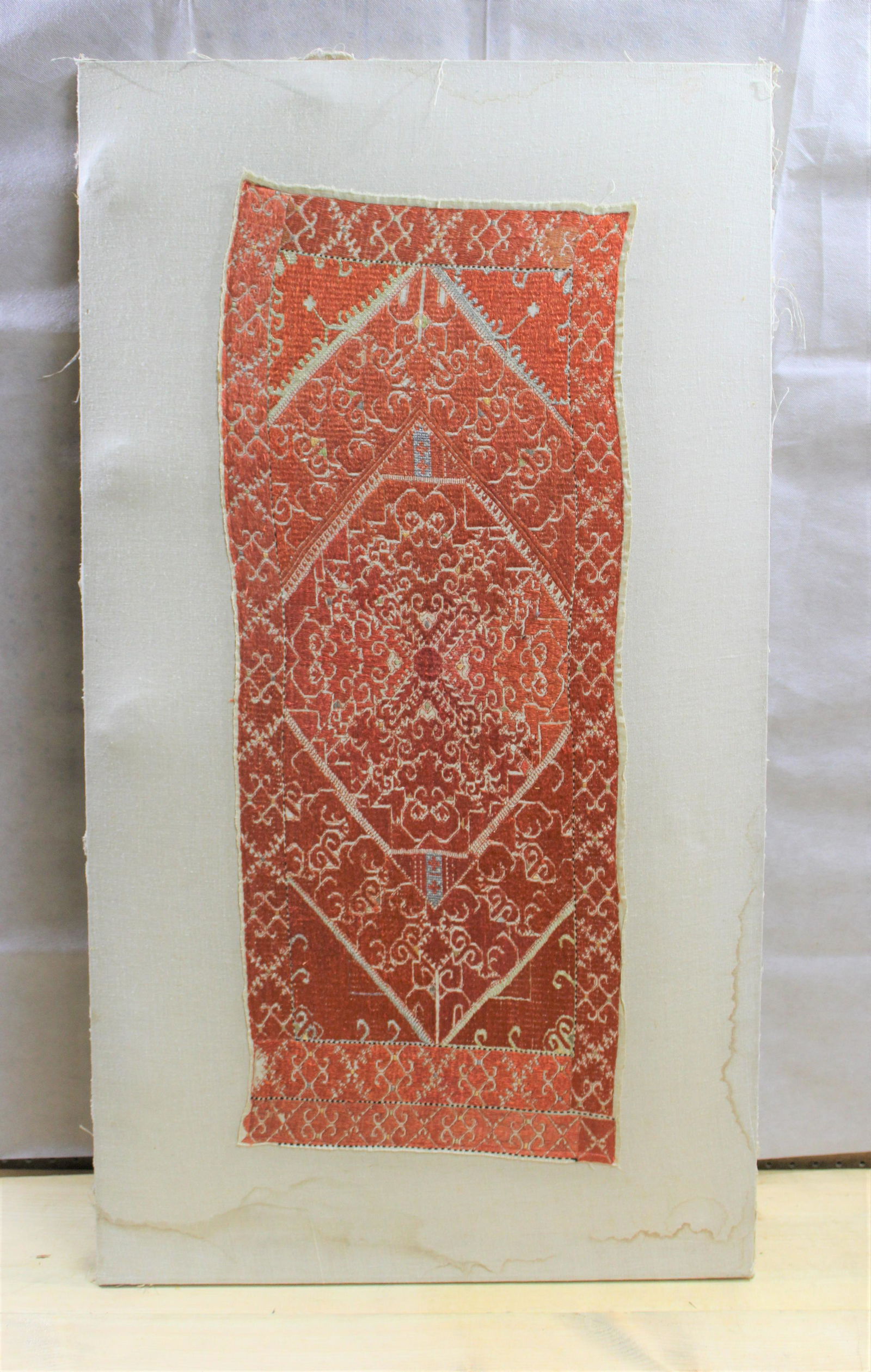 Middle Eastern Antique Embroidered Fabric Art: 43.5" X 24" Total Size. Sight 34" X 14"